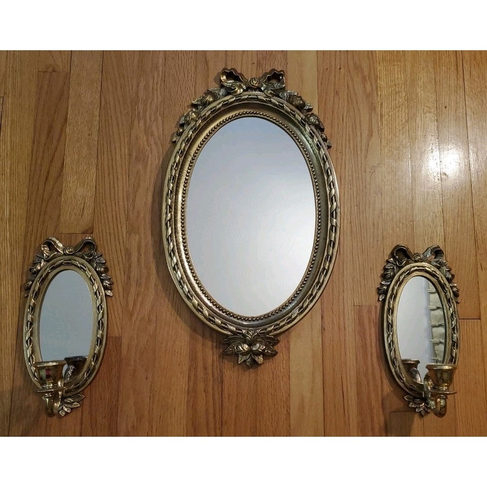 Vintage Gold Bow Roses Oval Mirror and Wall Sconce Set Hollywood Regency